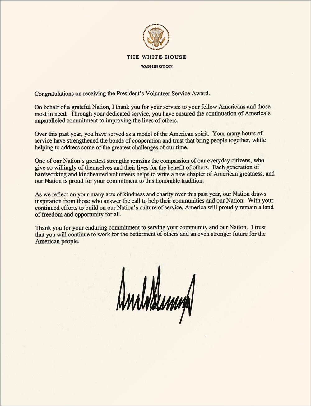2017 Presidential Volunteer Service Awards Letter from the President